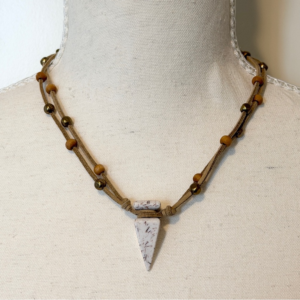Pyramid Pendant Stone Necklace Adjustable Cord Boho Wooden Beads